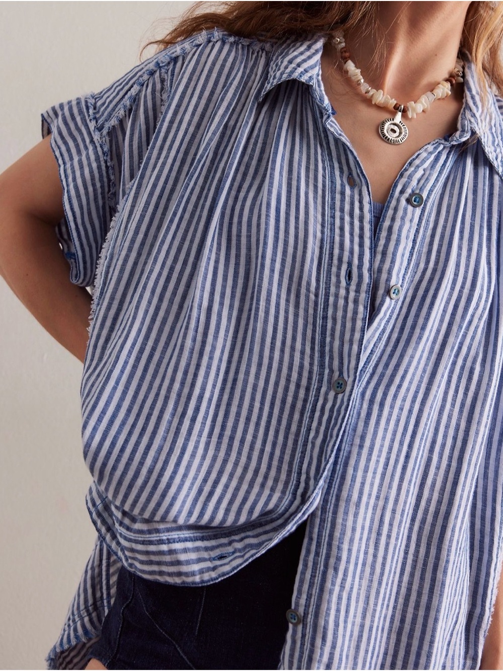 Free People Blue & White Striped Short-Sleeve Button-Down